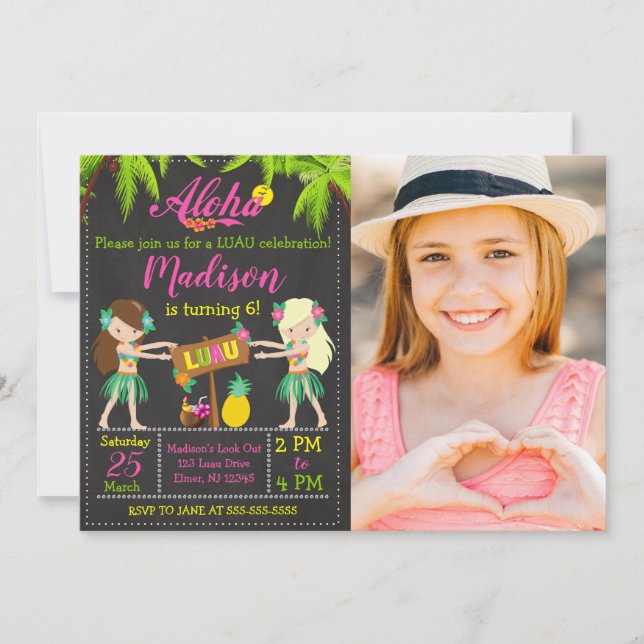 Luau Birthday Invitation Aloha Photo Invite Girl (Front)