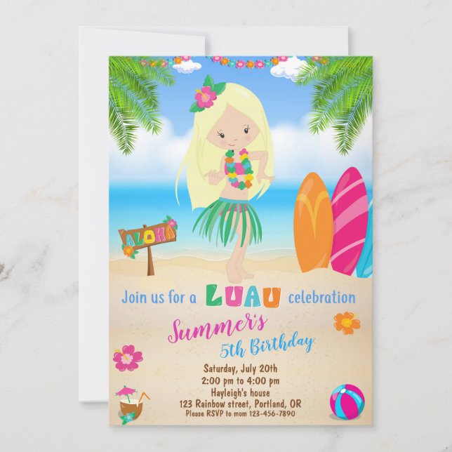 Luau birthday invitation Hawaiian invitation girl (Front)