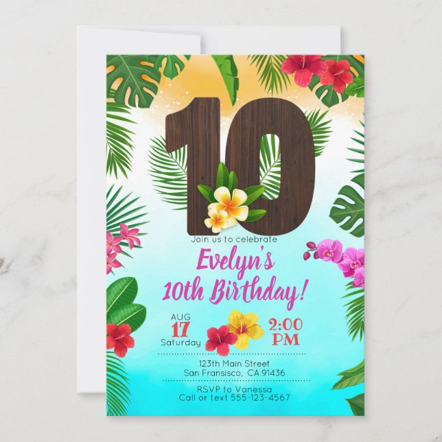 Luau Birthday, Invitation Luau Party 10th Birthday (Front)