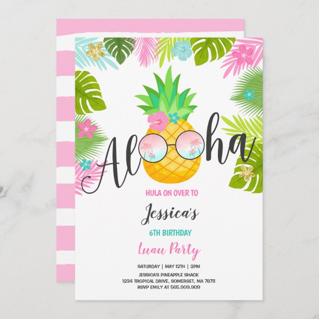 Luau Birthday Invitation Pineapple Hawaiian Luau (Front/Back)