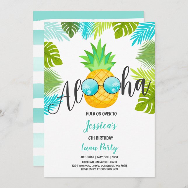 Luau Birthday Invitation Pineapple Hawaiian Luau (Front/Back)