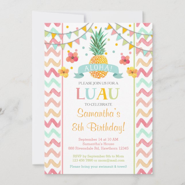 Luau Birthday Invitation, Pineapple Invitation (Front)