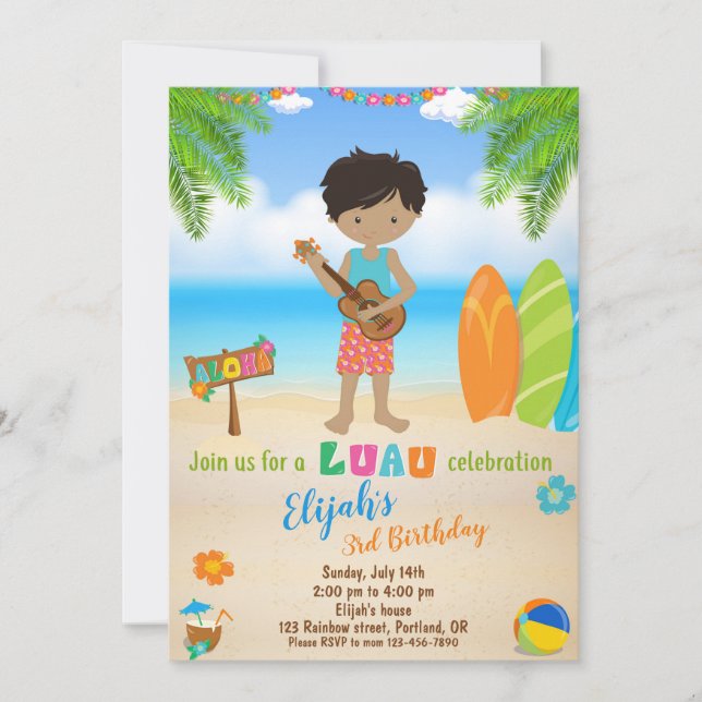 Luau birthday invitation Tropical beach party boy (Front)
