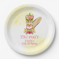 Luau Birthday Paper Plates with Tiki God & Flowers