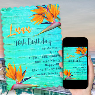 Luau Birthday Party Blue Wood Tropical Flowers Invitation