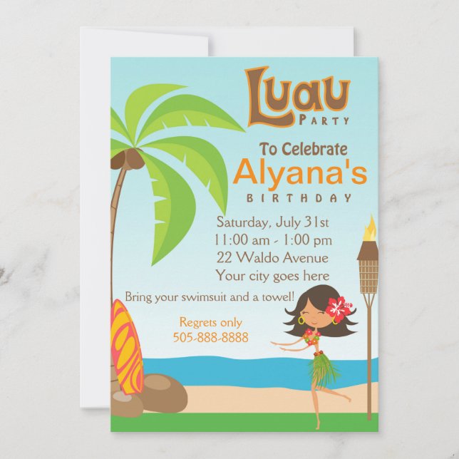 Luau Birthday Party Invitation Card (Front)