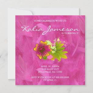 Luau Birthday Party Invite Hibiscus Flower Feather