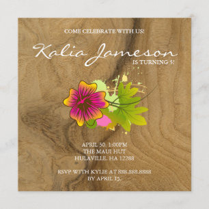 Luau Birthday Party Invite Hibiscus Flower Oak
