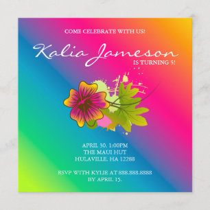 Luau Birthday Party Invite Hibiscus Flower Rainbow