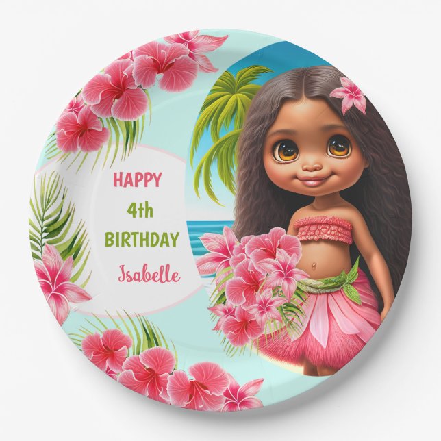 Luau birthday Tropical beach party girl Paper Plate (Front)