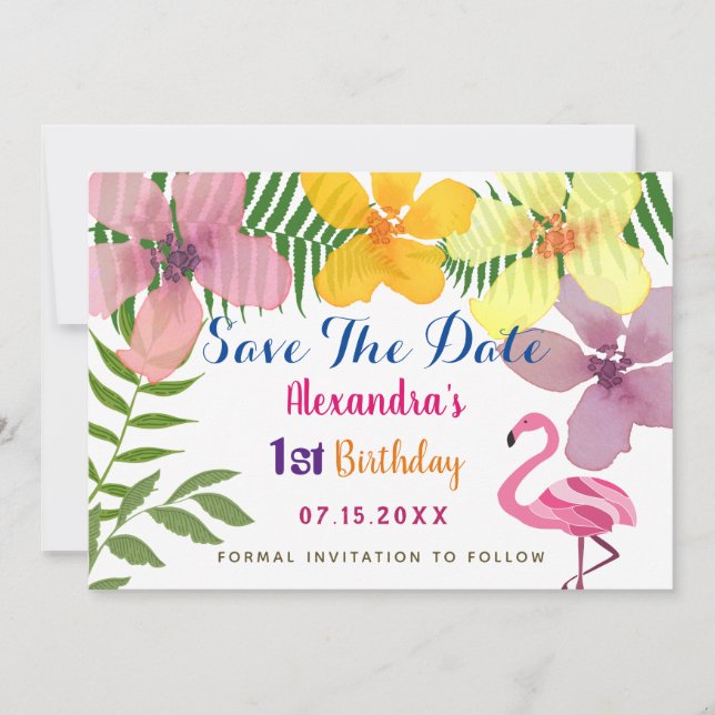 Luau Flamingo 1st Birthday Save The Date (Front)