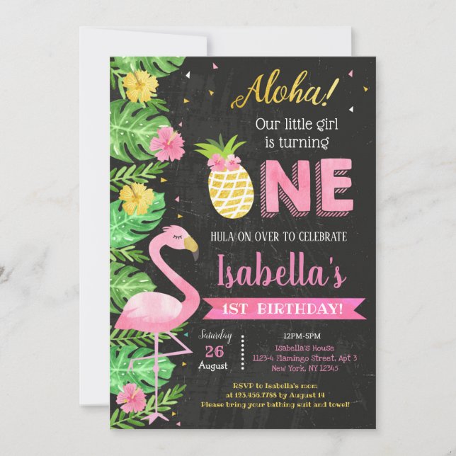  Luau Flamingo Tropical 1st Birthday Invitations (Front)