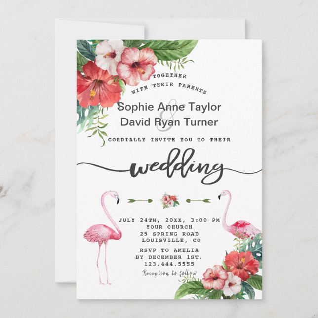 Luau Flamingo Tropical Floral Handwriting Wedding Invitation (Front)