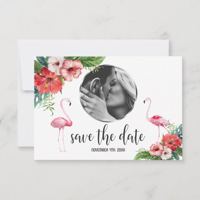 Luau Flamingo Tropical Floral Photo Save The Date (Front)