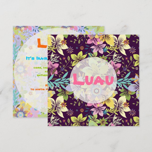 Luau, Flowers, DIY background colour. Invitation (Front/Back)