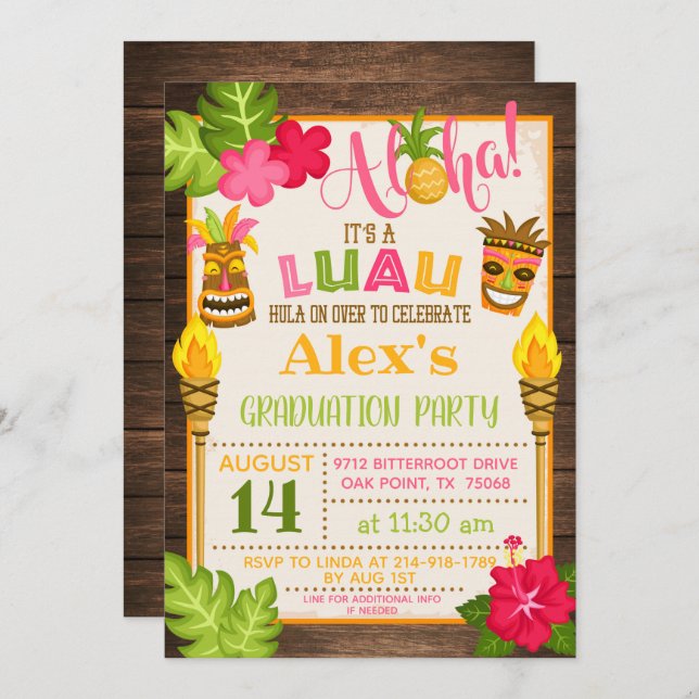 Luau Graduation Party Invitation - Orange Text (Front/Back)