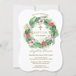 Luau Hawaiian Tropical Flowers Wreath Baptism Invitation