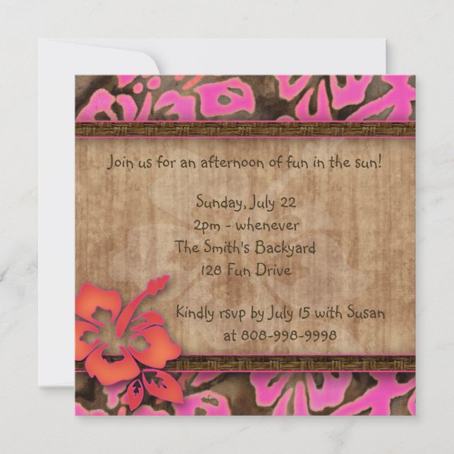 Luau Party Invitation Hibiscus Pink Brown Orange (Front)