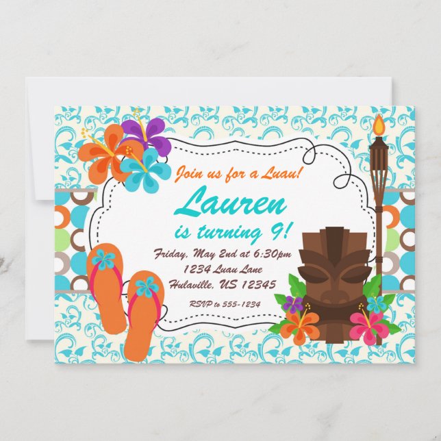 Luau Party Invite, Turquoise Damask and Tiki Man Invitation (Front)