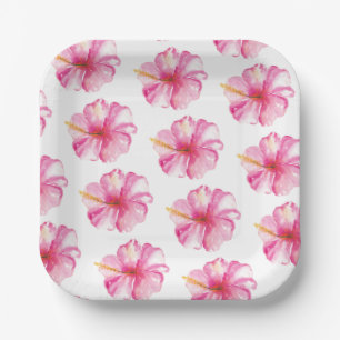 Luau Party Pink Hibiscus Flowers Paper Plates