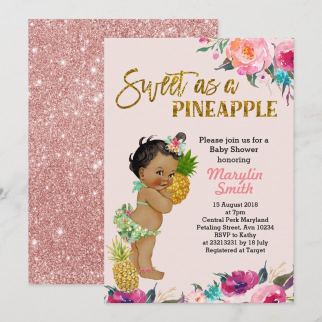 Luau party rose gold pineapples baby shower card (Front/Back)