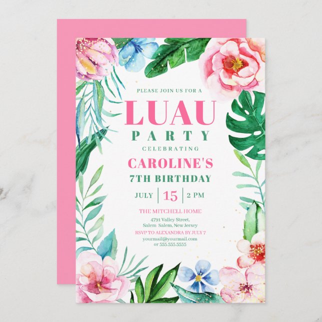 Luau Party Tropical Pink Floral Hawaiian Birthday Invitation (Front/Back)