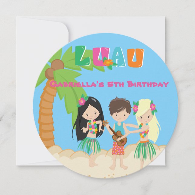 Luau Party With Palm Tree & Kids Round Invitation (Front)