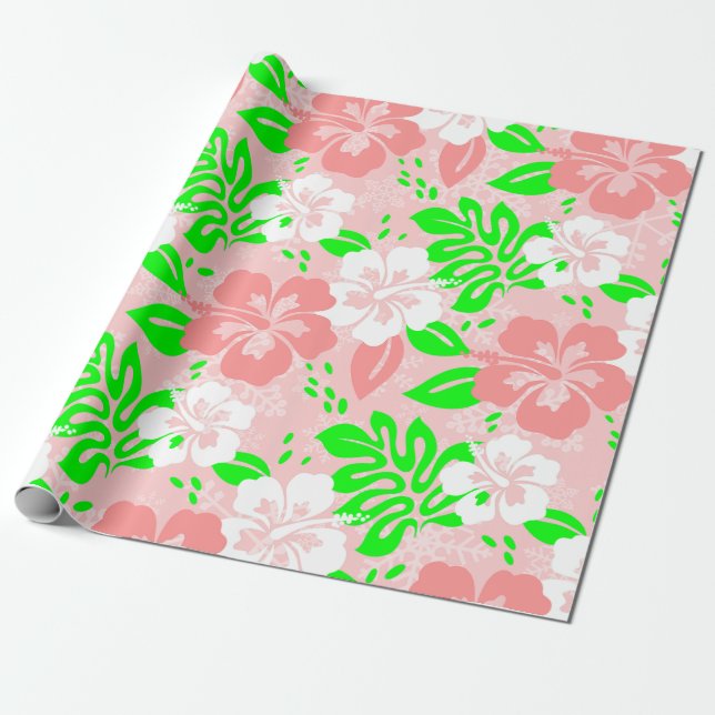 luau pink christmas hawaiian hibiscus floral xmas wrapping paper (Unrolled)