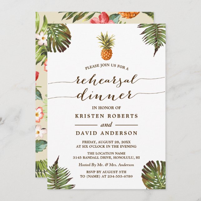 Luau Rehearsal Dinner | Tropical Leaves Pineapple Invitation (Front/Back)