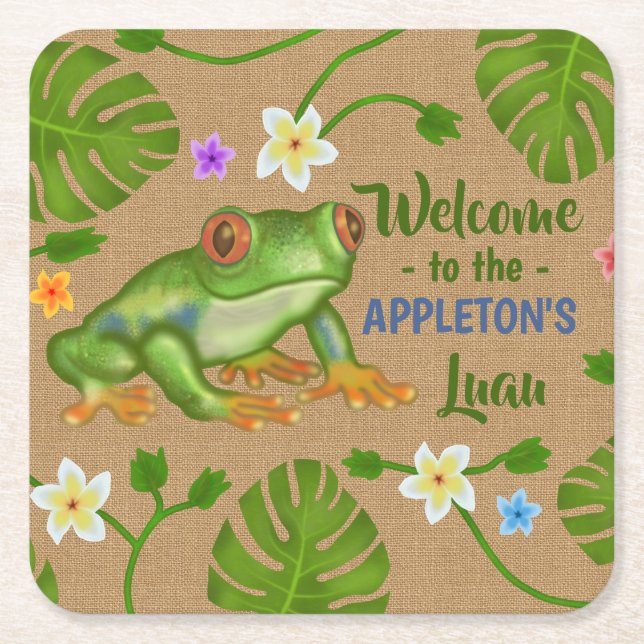 Luau Summer Party Tropical Frog Hawaiian Beach Fun Square Paper Coaster (Front)