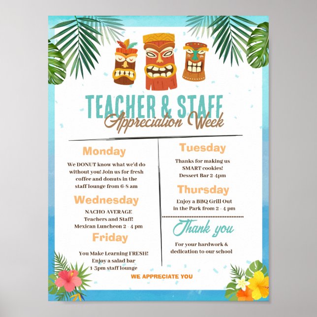 Luau Teacher Appreciation Week Itinerary Poster (Front)