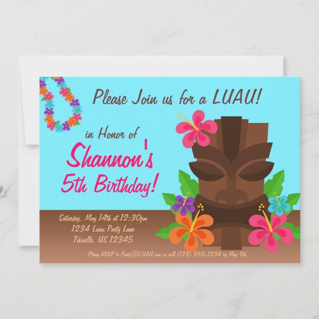 Luau Tiki Man and Flowers Birthday Party Invitation (Front)
