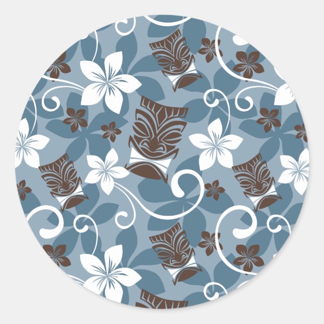 LUAU TIKI PATTERN (BLUE) CLASSIC ROUND STICKER (Front)