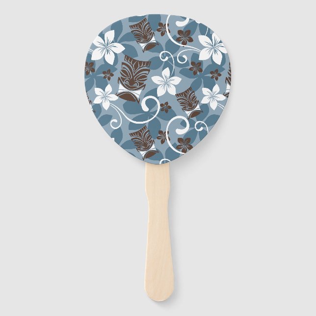 LUAU TIKI PATTERN (BLUE) HAND FAN (Front)