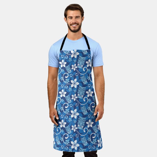 LUAU TIKI PATTERN (BRIGHT BLUE) APRON (Worn)
