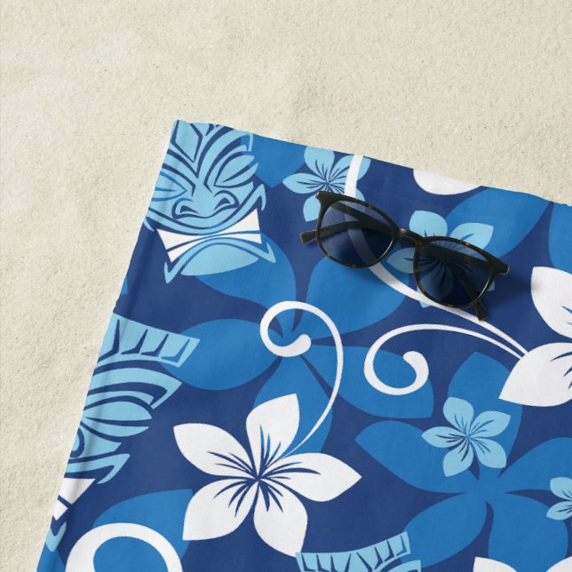 LUAU TIKI PATTERN (BRIGHT BLUE) BEACH TOWEL (In Situ)