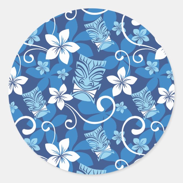 LUAU TIKI PATTERN (BRIGHT BLUE) CLASSIC ROUND STICKER (Front)