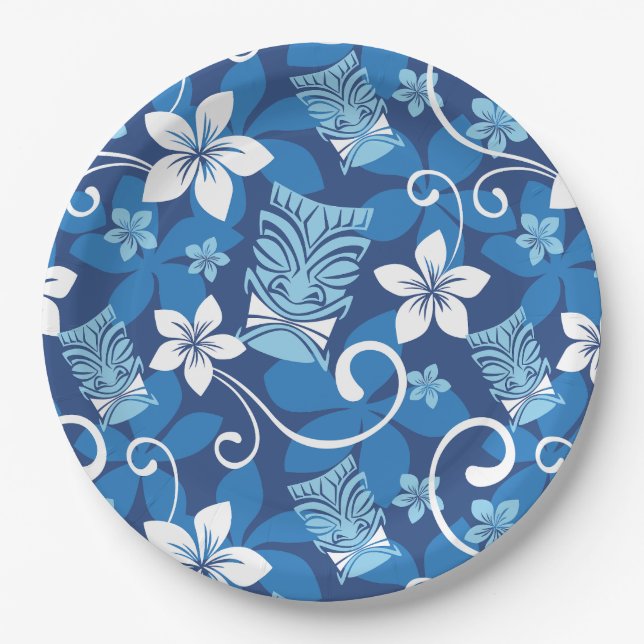 LUAU TIKI PATTERN (BRIGHT BLUE) PAPER PLATE (Front)