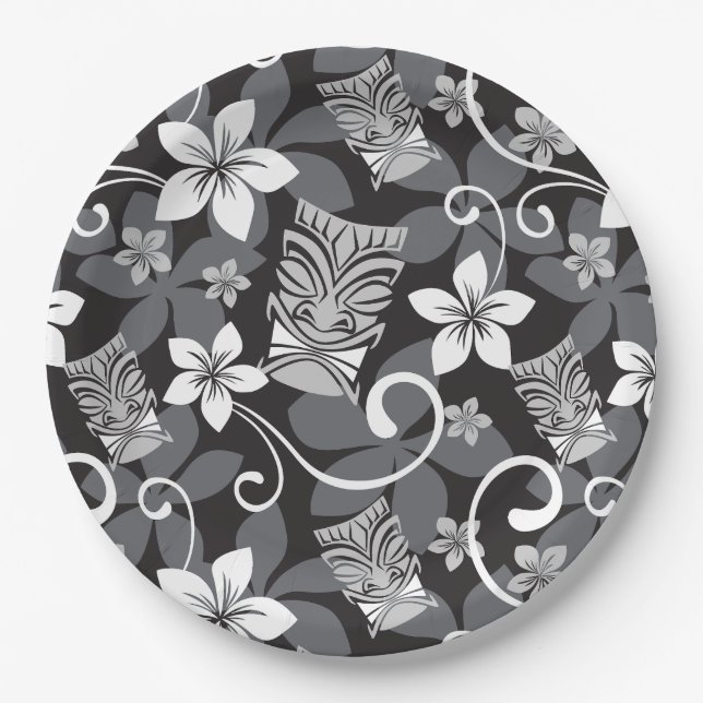 LUAU TIKI PATTERN (CHARCOAL) PAPER PLATE (Front)