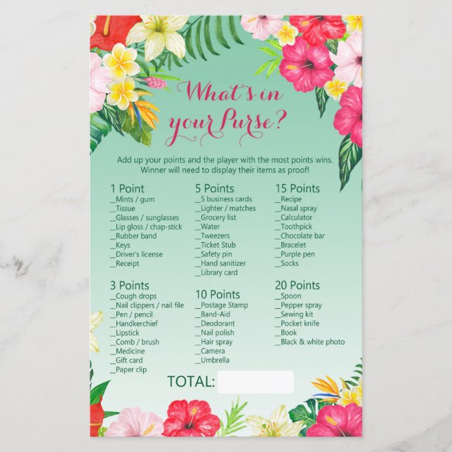 Luau Tropical Baby Shower Game PRINTED (Front)
