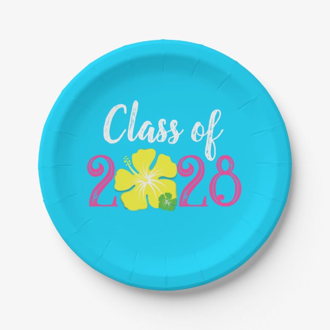 Luau Tropical Blue Graduation Paper Plates (Front)
