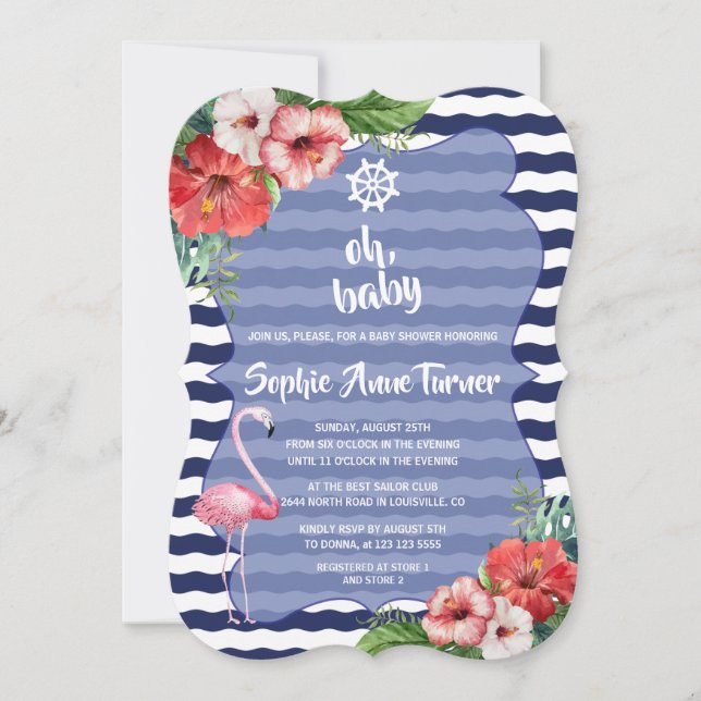Luau Tropical Flamingo Navy Stripes BABY SHOWER Invitation (Front)