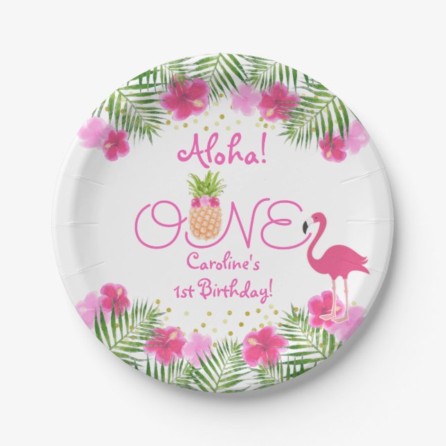 Luau Tropical Floral Girl 1st First Birthday Paper Plate (Front)