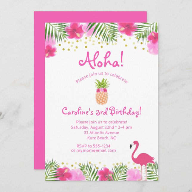 Luau Tropical Floral Girl 3rd Third Birthday Invit Invitation (Front/Back)