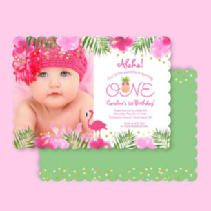 Luau Tropical Floral Photo Girl 1st First Birthday Invitation