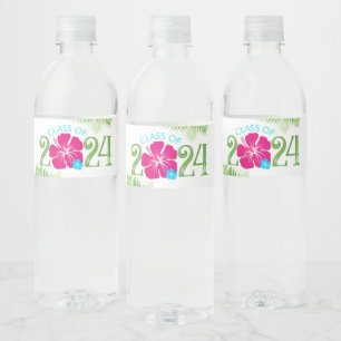 Luau Tropical Hibiscus White Graduation Water Bottle Label