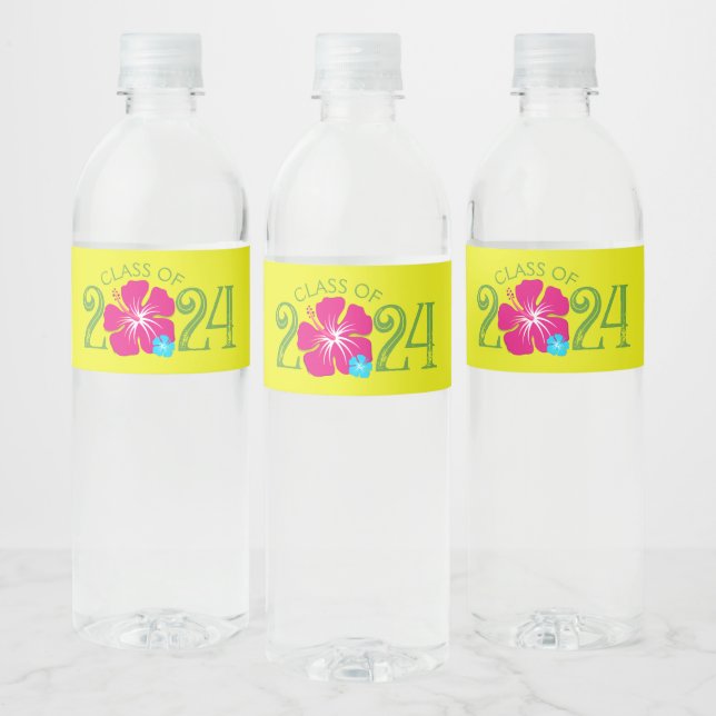 Luau Tropical Hibiscus Yellow Graduation Water Bottle Label (Bottles)