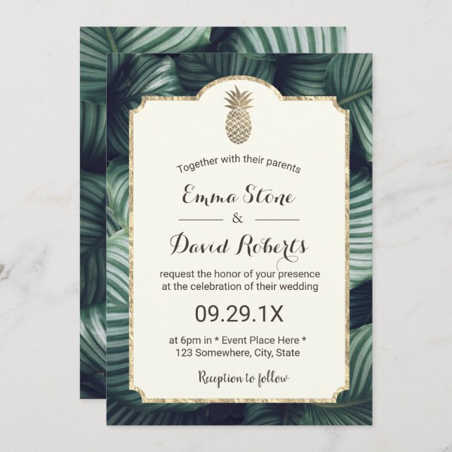 Luau Tropical Leaves Gold Pineapple Wedding Invitation (Front/Back)