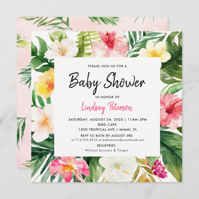 Luau Tropical Leaves Summer Square Baby Shower Invitation (Front/Back)