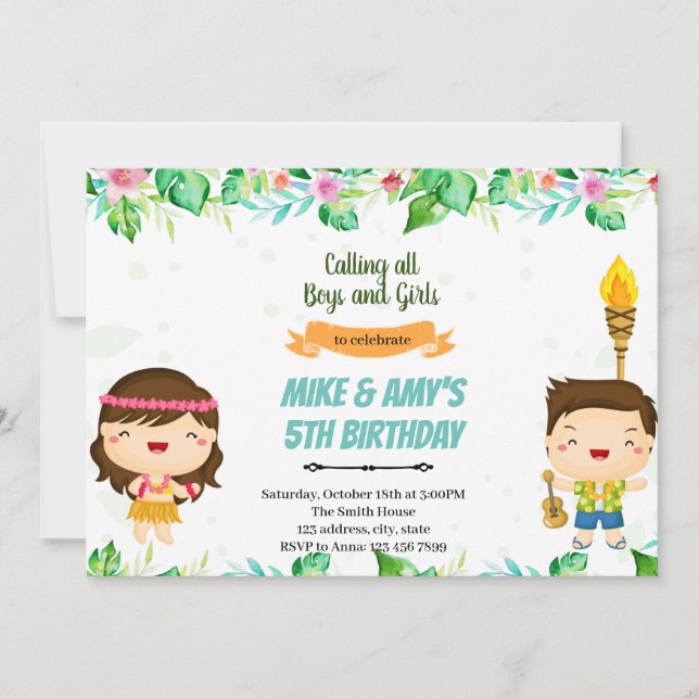 Luau tropical summer joint birthday invitation (Front)